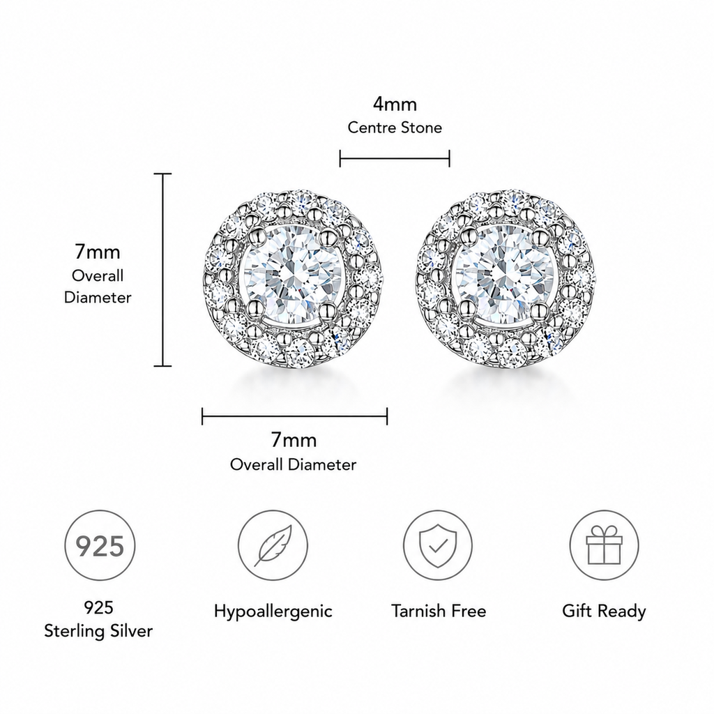 Sterling Silver Halo Stud Earrings - Quarter Carat Round CZ