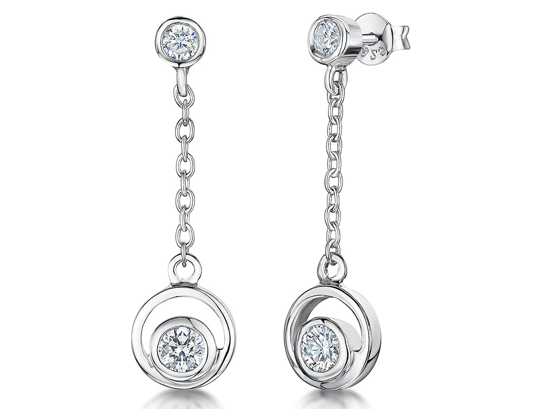 A pair of sterling silver circle drop earrings with cubic zirconia stones-JOOLS by Jenny Brown