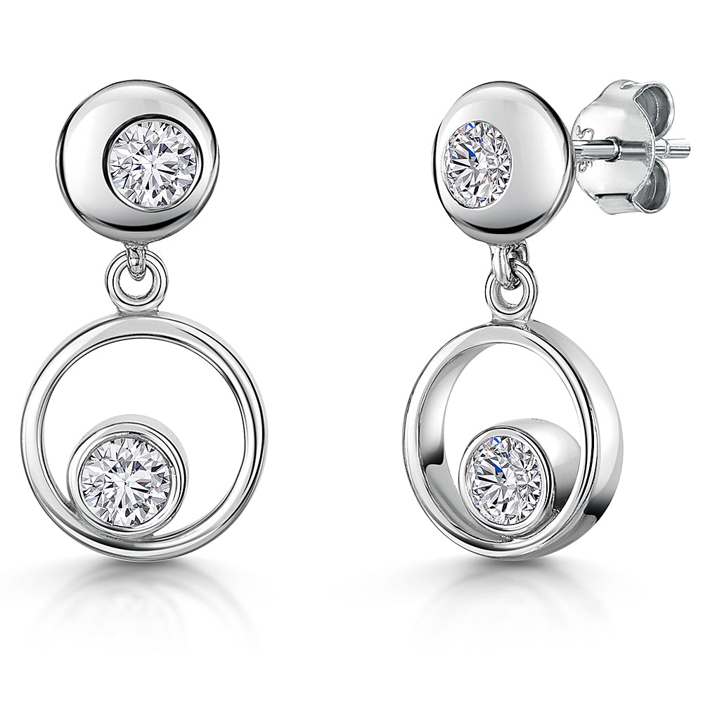 Sterling Silver Circle Drop Earrings With Rub Over Cubic Zirconias