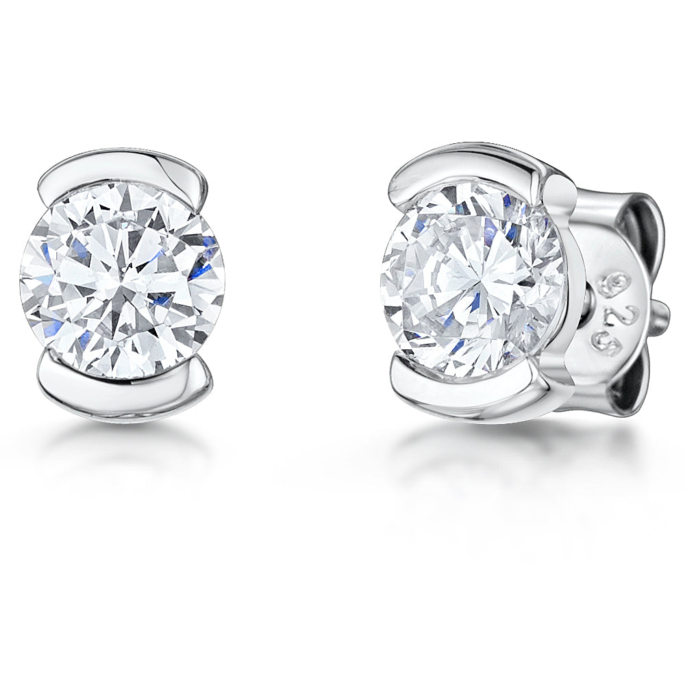 Sterling Silver Half Bezel Set Round Brilliant Cut  Cubic Zirconia Stud  Earrings-Jools by Jenny Brown