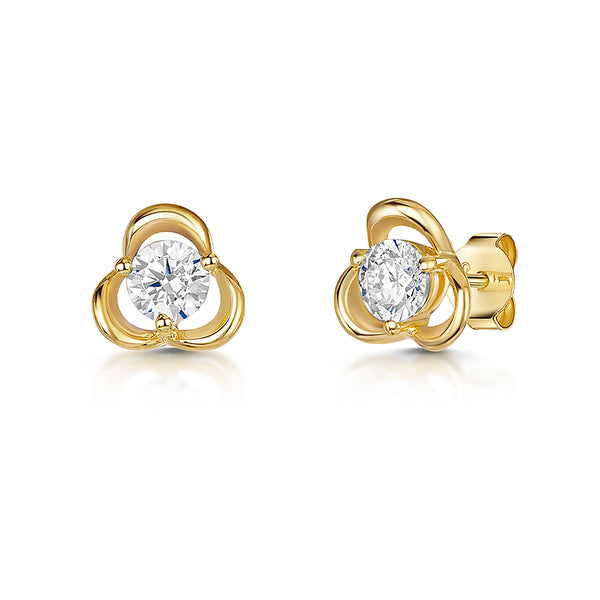 Yellow Gold Three Flower Zirconia Stud Earrings-JOOLS by Jenny Brown