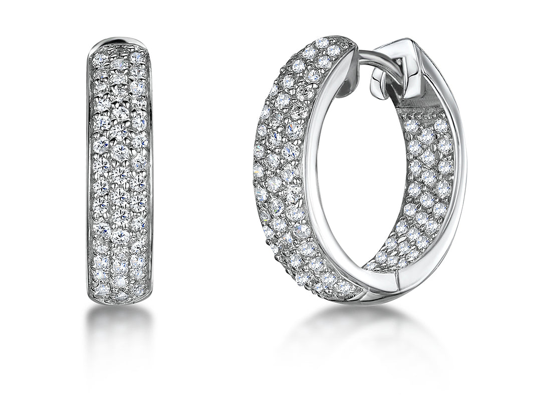 A pair of sterling silver huggie hoop earrings encrusted with cubic zirconia stones-JOOLS by Jenny Brown
