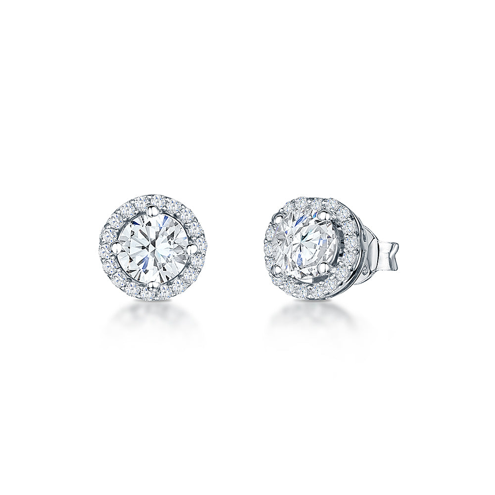 Sterling Silver Stud Earrings- Halo Style With A Central Cubic Zirconia Stone And Stone Surround - JOOLS By Jenny Brown