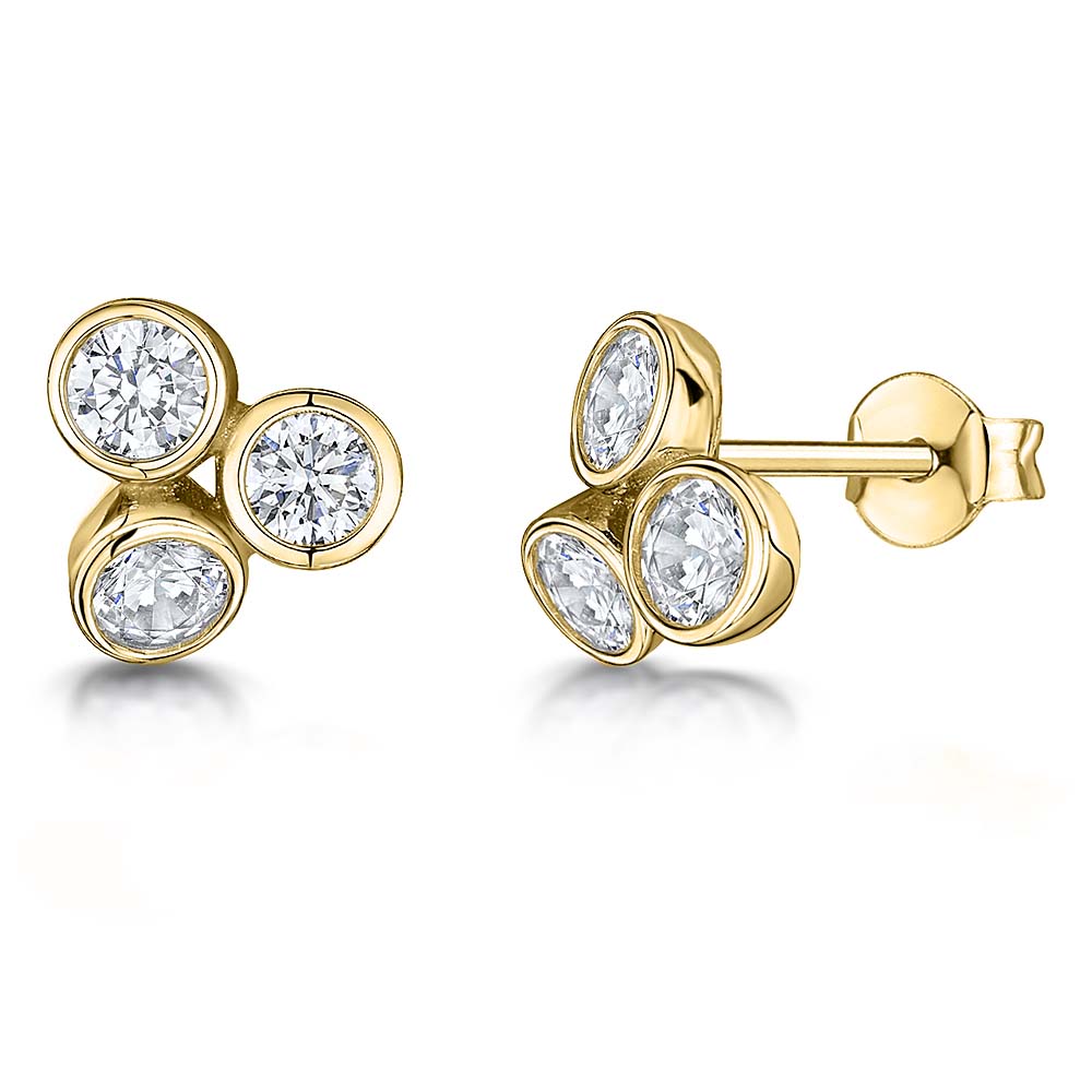Yellow Gold 3 Stone Stud Bubble Earrings