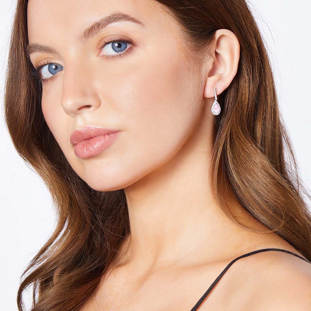 Teardrop-shaped Sterling Silver Light Pink Cubic Zirconia Drop Halo Earrings
