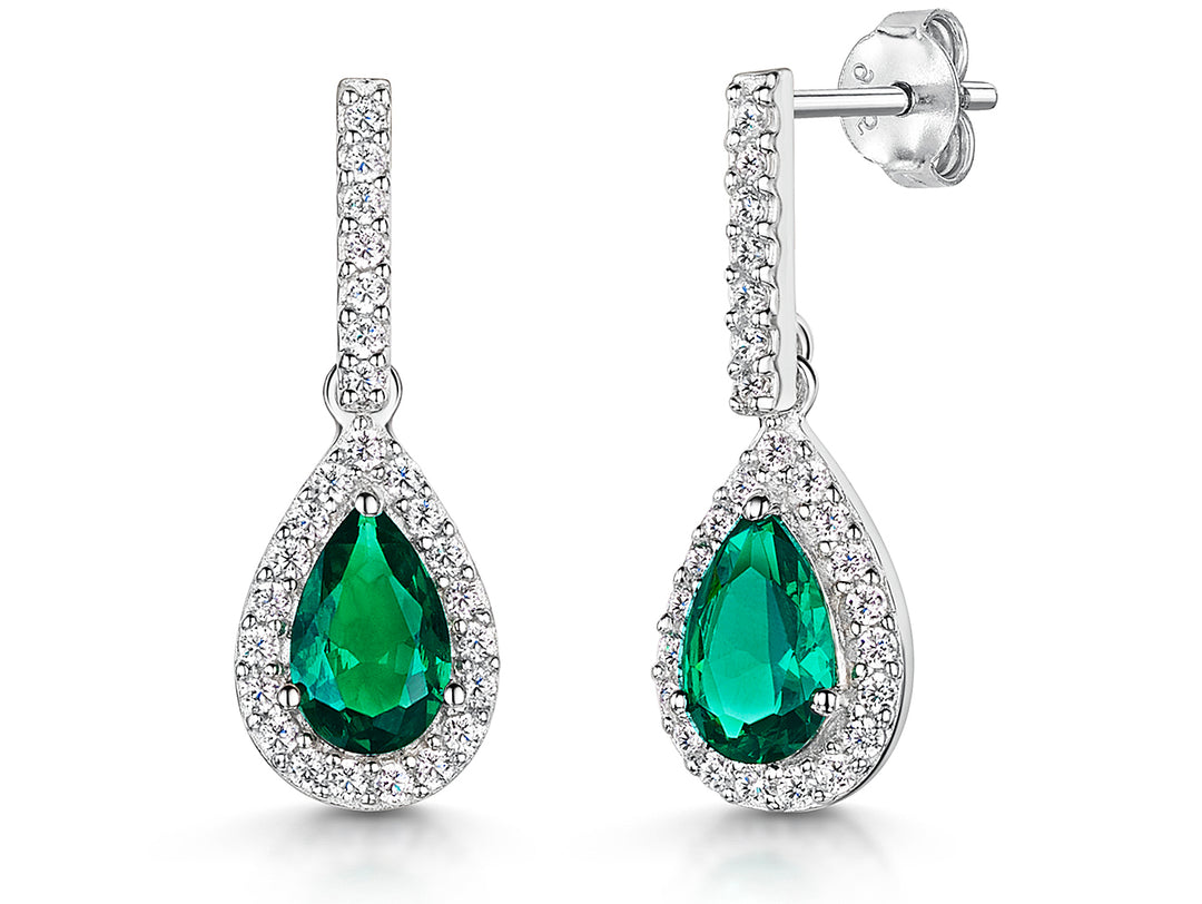 Sterling Silver Emerald Green Cubic Zirconia  Drop Halo  Earrings-JOOLS by Jenny Brown