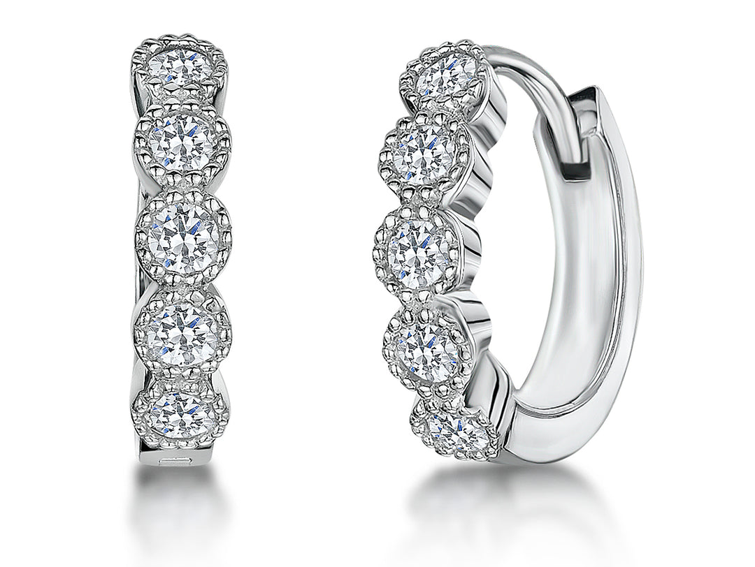 Sterling Silver Huggie Hoop Earrings With Beaded Millgrain Surround