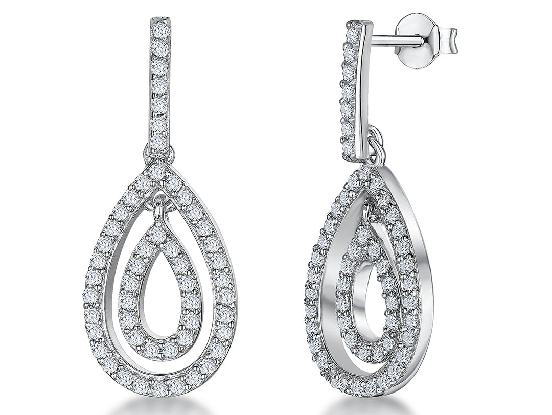 A pair of sterling silver drop earrings featuring a teardrop design with pave-set cubic zirconia stones, with a rhodium finish for tarnish resistance.-JOOLS by Jenny Brown