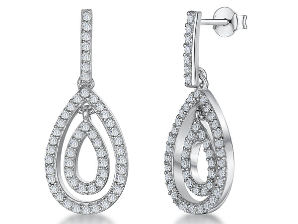A pair of sterling silver drop earrings featuring a teardrop design with pave-set cubic zirconia stones, with a rhodium finish for tarnish resistance.-JOOLS by Jenny Brown