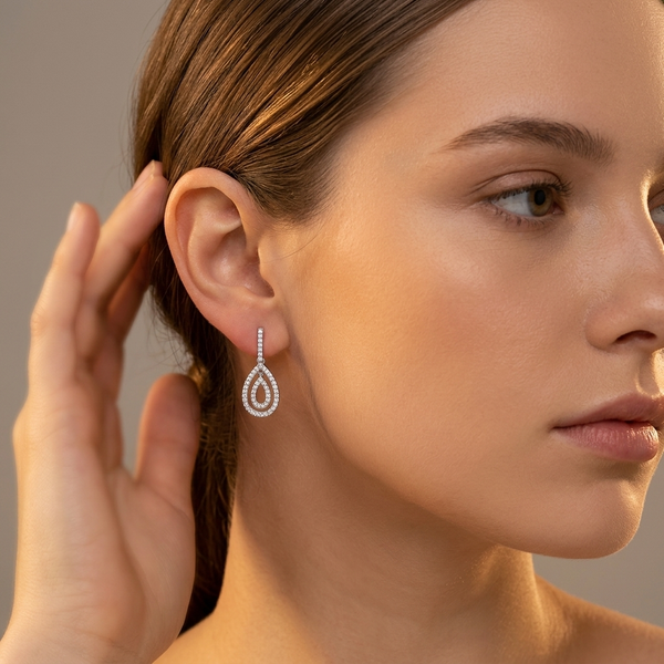 Sterling Silver Pave Teardrop Drop Earrings