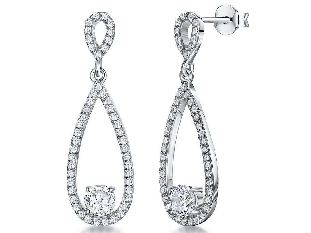 A pair of sterling silver teardrop earrings with a single cubic zirconia stone in the center, surrounded by smaller pave-set cubic zirconia stones.-JOOLS by Jenny Brown