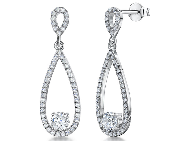 A pair of sterling silver teardrop earrings with a single cubic zirconia stone in the center, surrounded by smaller pave-set cubic zirconia stones.-JOOLS by Jenny Brown