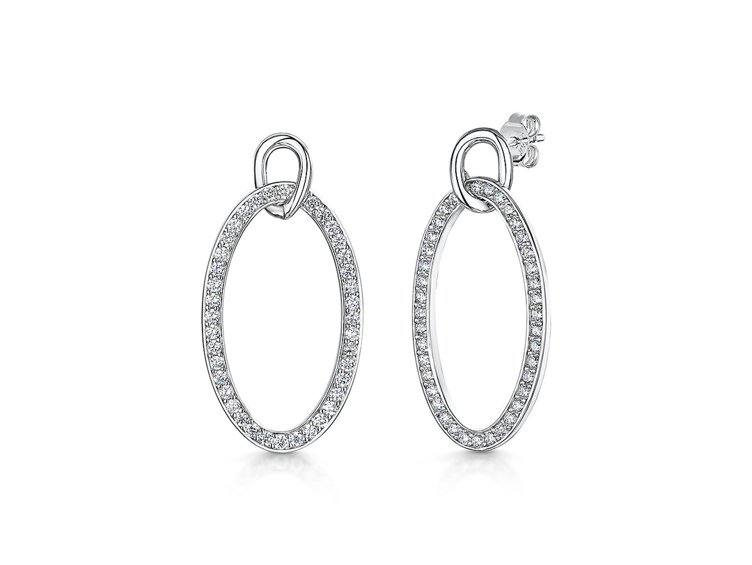 Sterling Silver Open Oval Drop Link Earrings With Cubic Zirconias