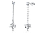 Load image into Gallery viewer, A pair of sterling silver drop earrings featuring a chain drop ending in a star-shaped cage with cubic zirconia stones.
