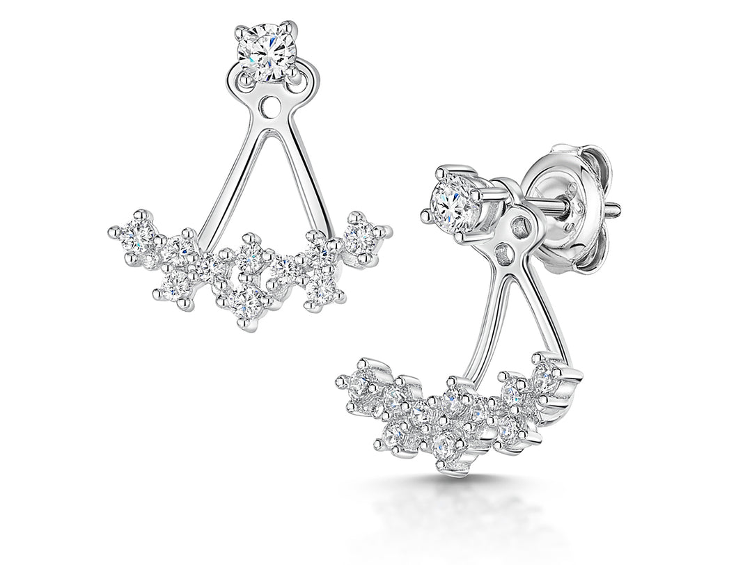 A pair of sterling silver jacket earrings with scattered cubic zirconia stones, designed to be worn under the lobe.-JOOLS by Jenny Brown