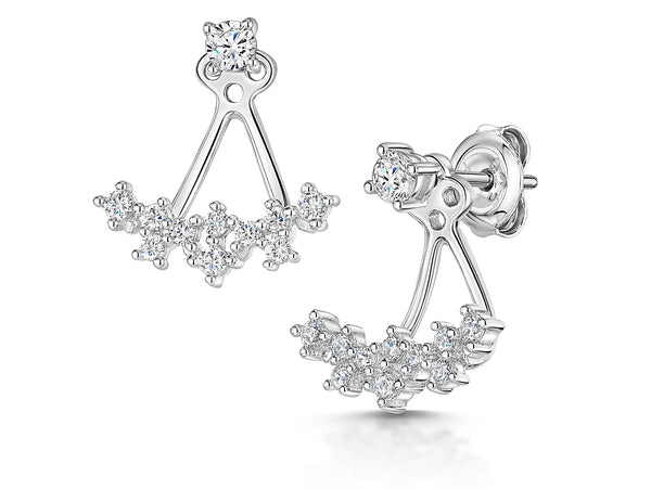 A pair of sterling silver jacket earrings with scattered cubic zirconia stones, designed to be worn under the lobe.-JOOLS by Jenny Brown