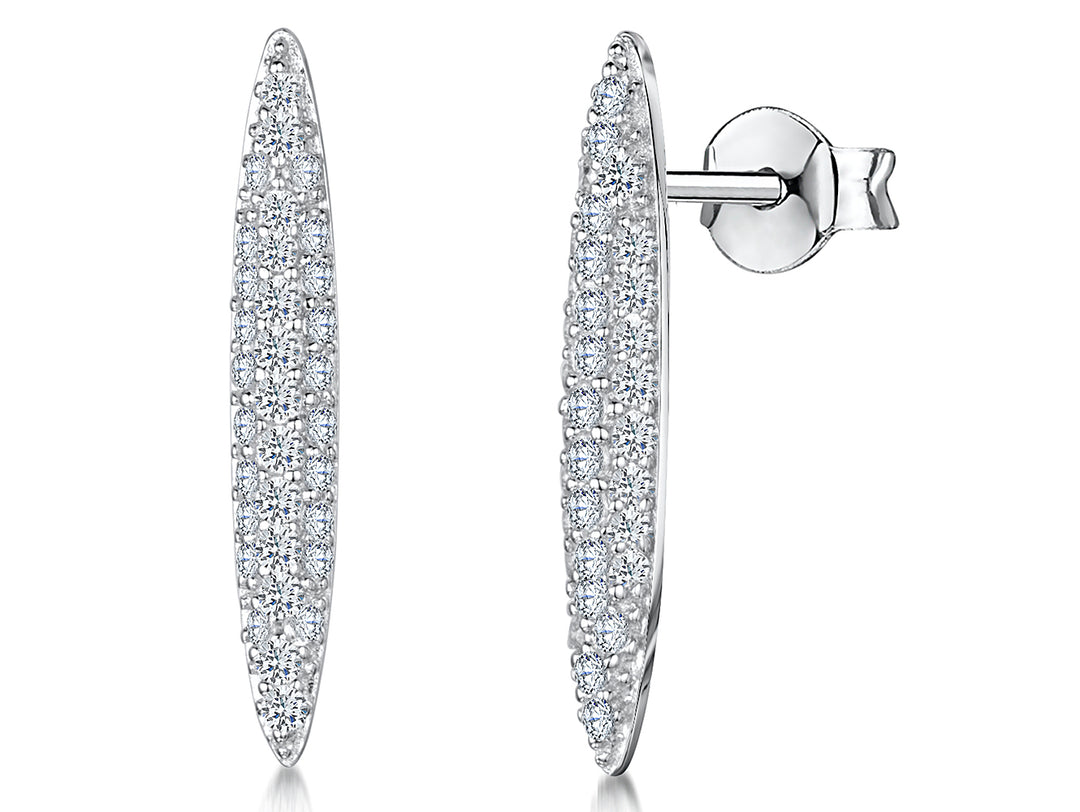 Sterling Silver Long Oval  Pave Set  Earrings