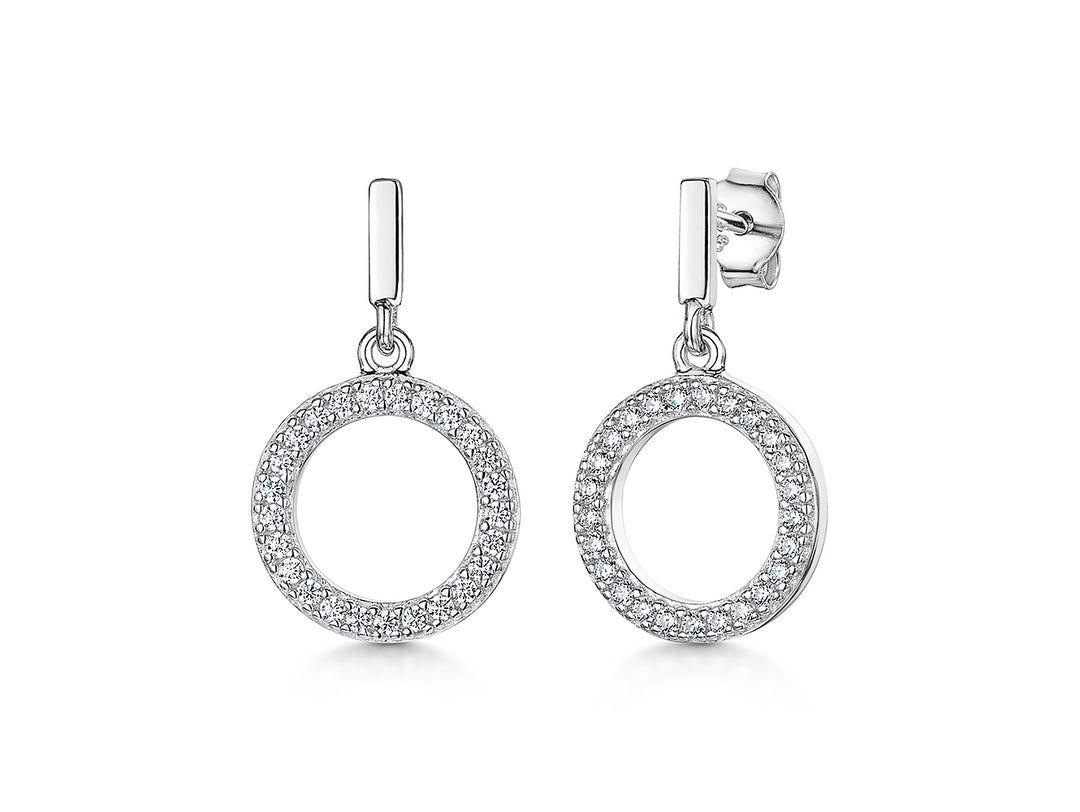 Sterling Silver Pave Circle Drops With Polished Silver Bale