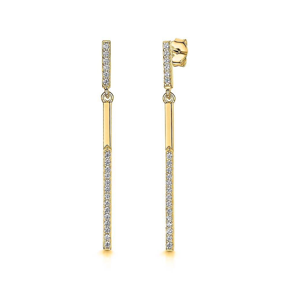 Gold Thin Bar Drop Earrings  With Cubic Zirconia