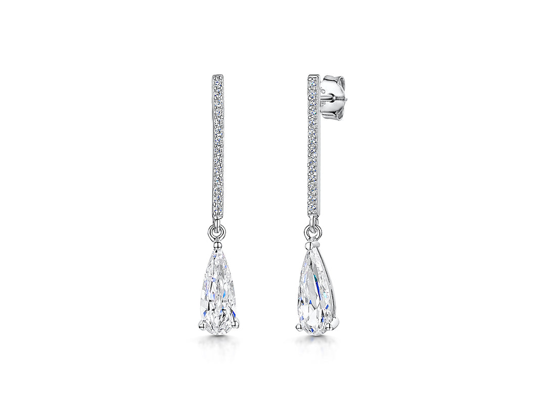 Sterling Silver Long Pave PearDrop Earrings