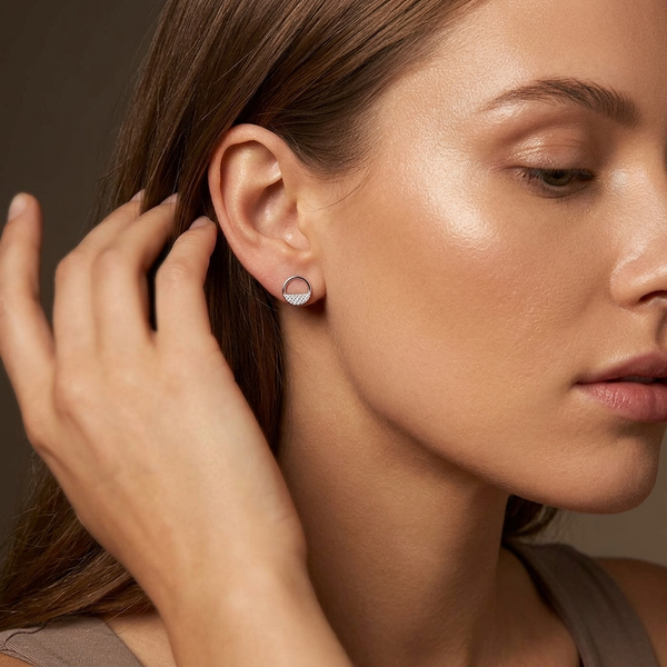 Sterling Silver  Half Pave Circle Studs