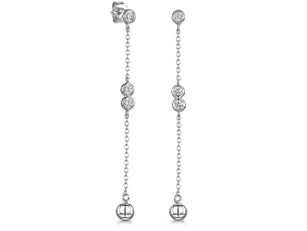 A pair of sterling silver drop earrings with bead details and cubic zirconia stones, rhodium finished, on a white background.