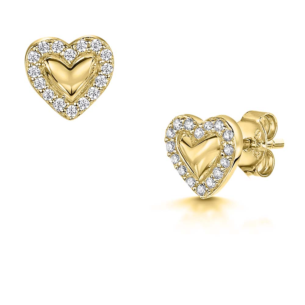 Yellow Gold Solid Heart Halo Stud Earrings