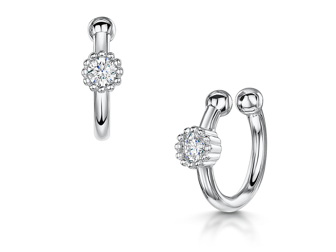 Sterling Silver  Beaded Cuff Earrings Set With  Cubic Zirconia