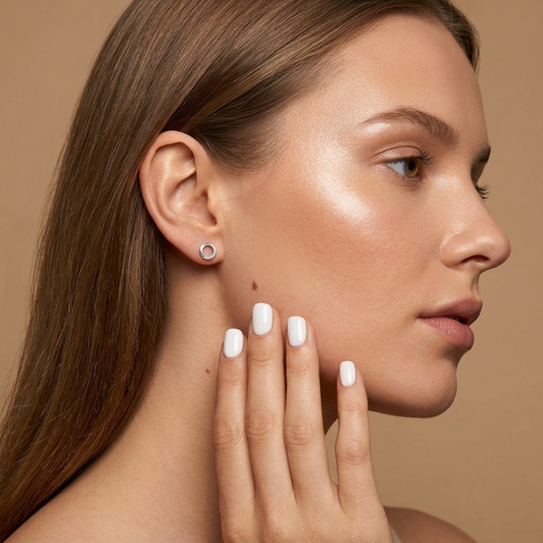 Sterling Silver Half Pavé Open Circle Stud Earrings