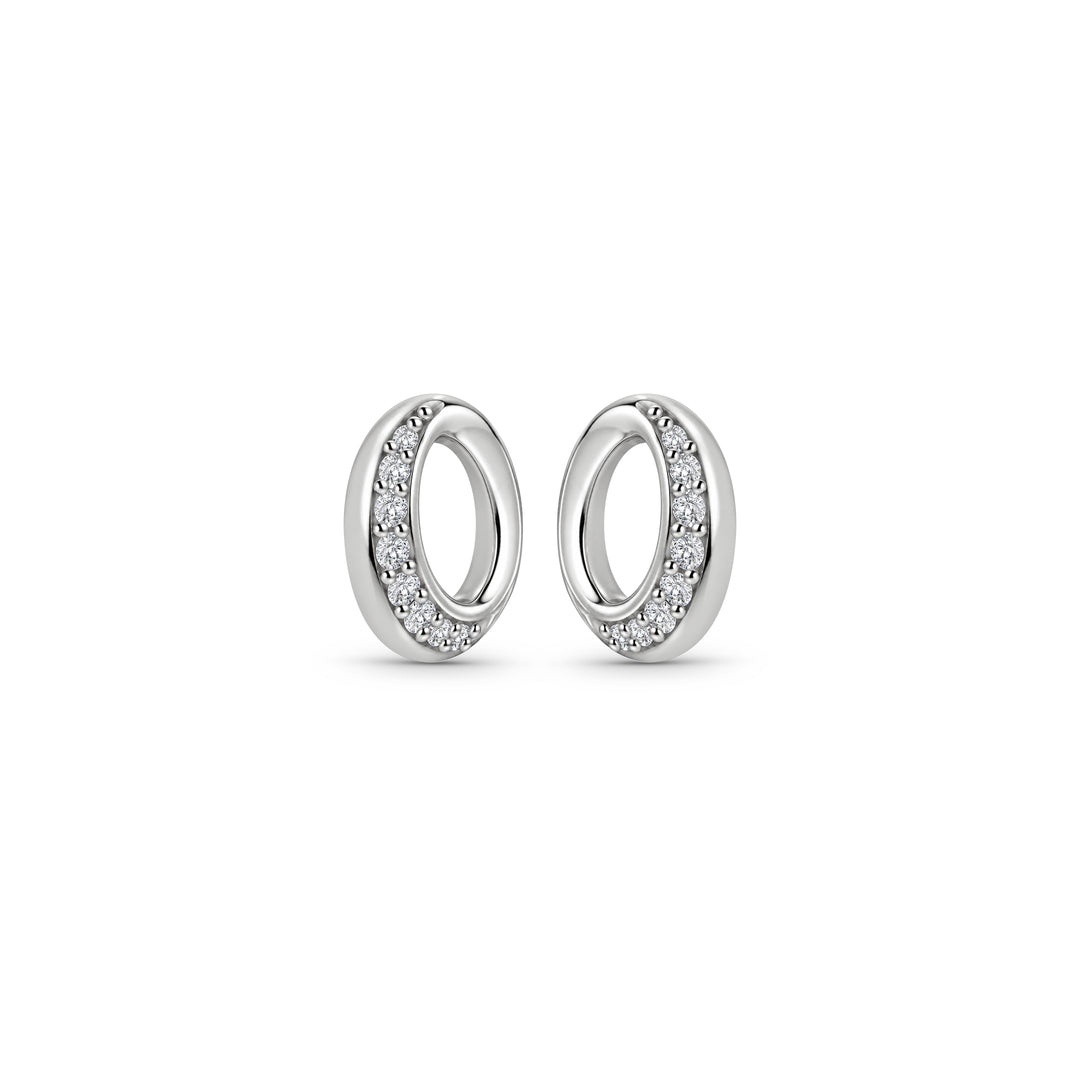 Sterling Silver Half Pavé Open Circle Stud Earrings