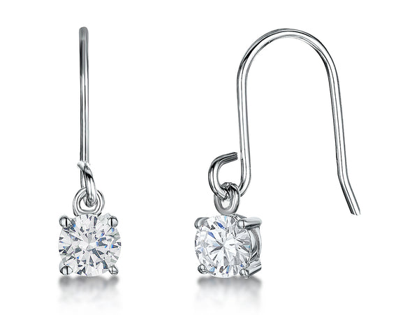A pair of sterling silver fishhook drop earrings with cubic zirconia stones.