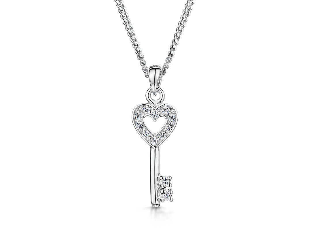 Sterling silver key-shaped pendant with a cubic zirconia heart, attached to a silver chain.-JOOLS by Jenny Brown