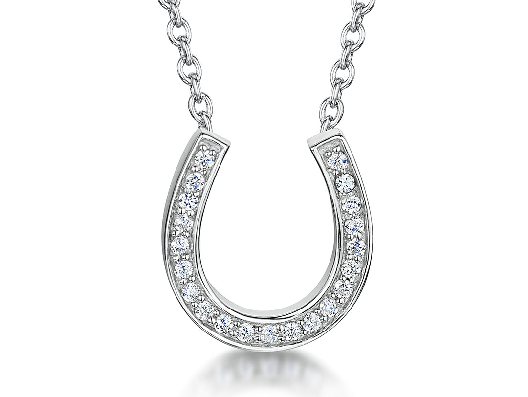 A sterling silver horseshoe pendant necklace with cubic zirconia stones set in a fixed chain-JOOLS by Jenny Brown