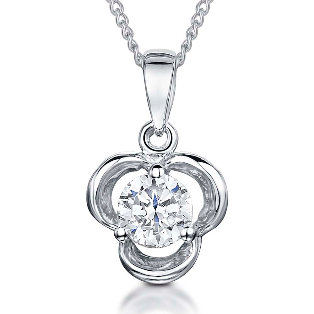 Sterling Silver Petite Pendant With Cubic Zirconia Held By Three Silver Petals
