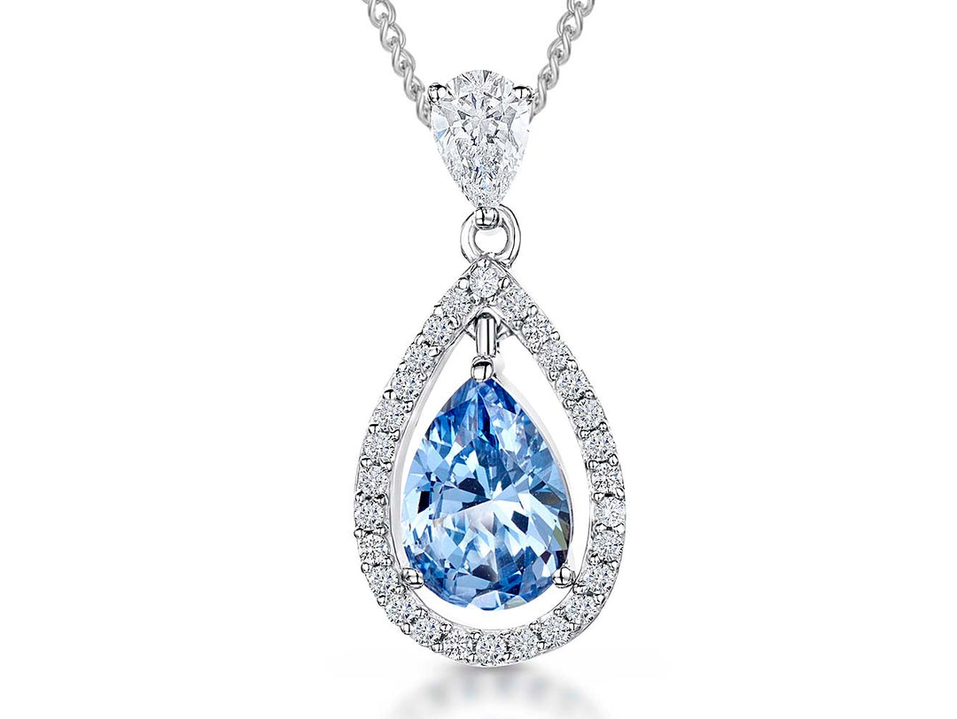 Sterling Silver Blue Topaz  Zirconia Teardrop Pendant