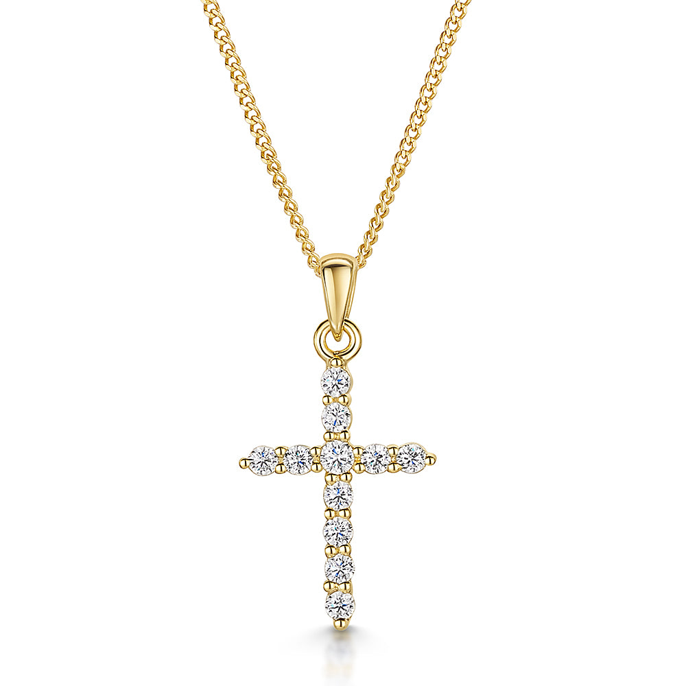 A yellow gold cubic zirconia small cross pendant on an 18ct gold vermeil  chain-JOOLS by Jenny Brown
