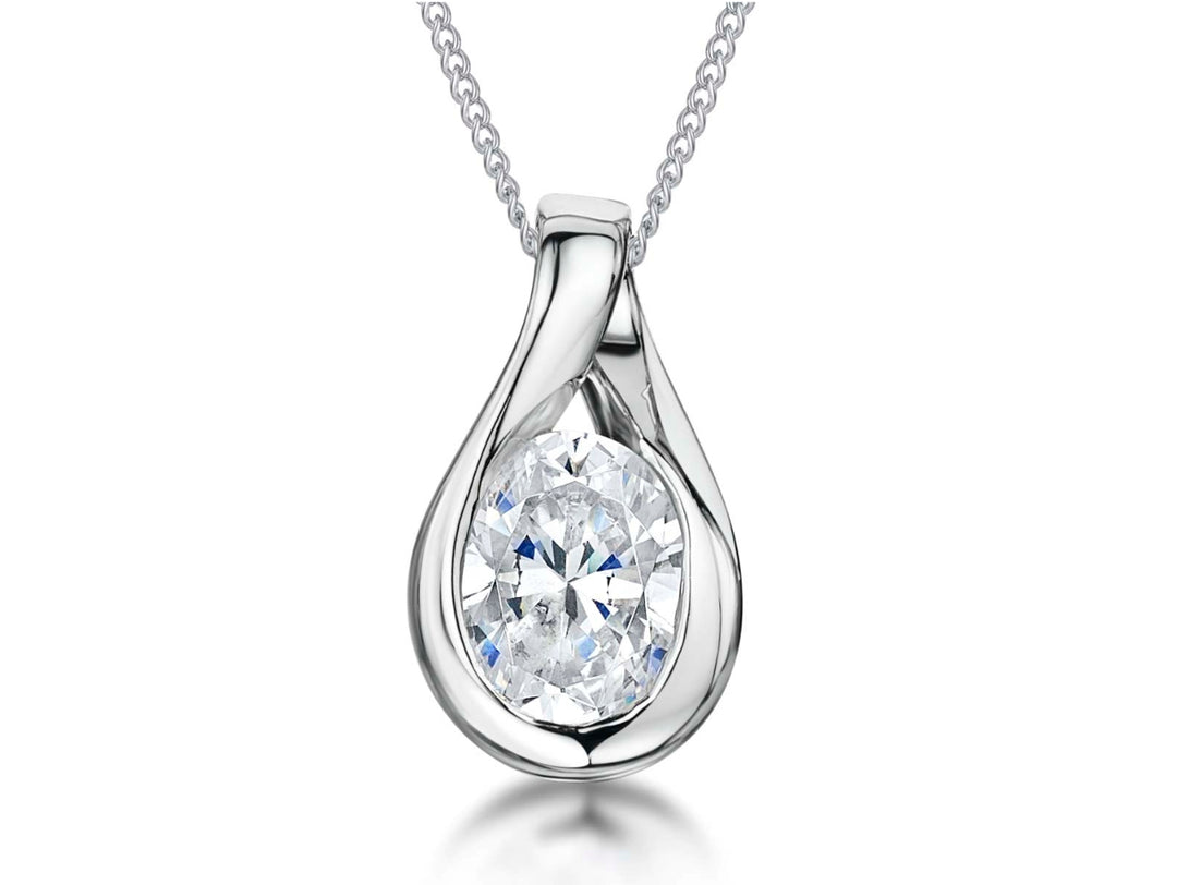 A sterling silver oval teardrop pendant necklace with a solitaire cubic zirconia stone-JOOLS by Jenny Brown