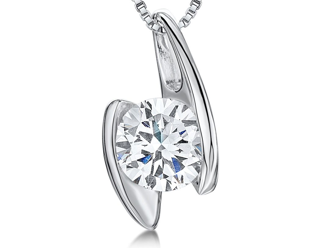 A sterling silver 2 carat  solitaire pendant with a round cubic zirconia stone offset held by two silver bars, on a chain-JOOLS by Jenny Brown