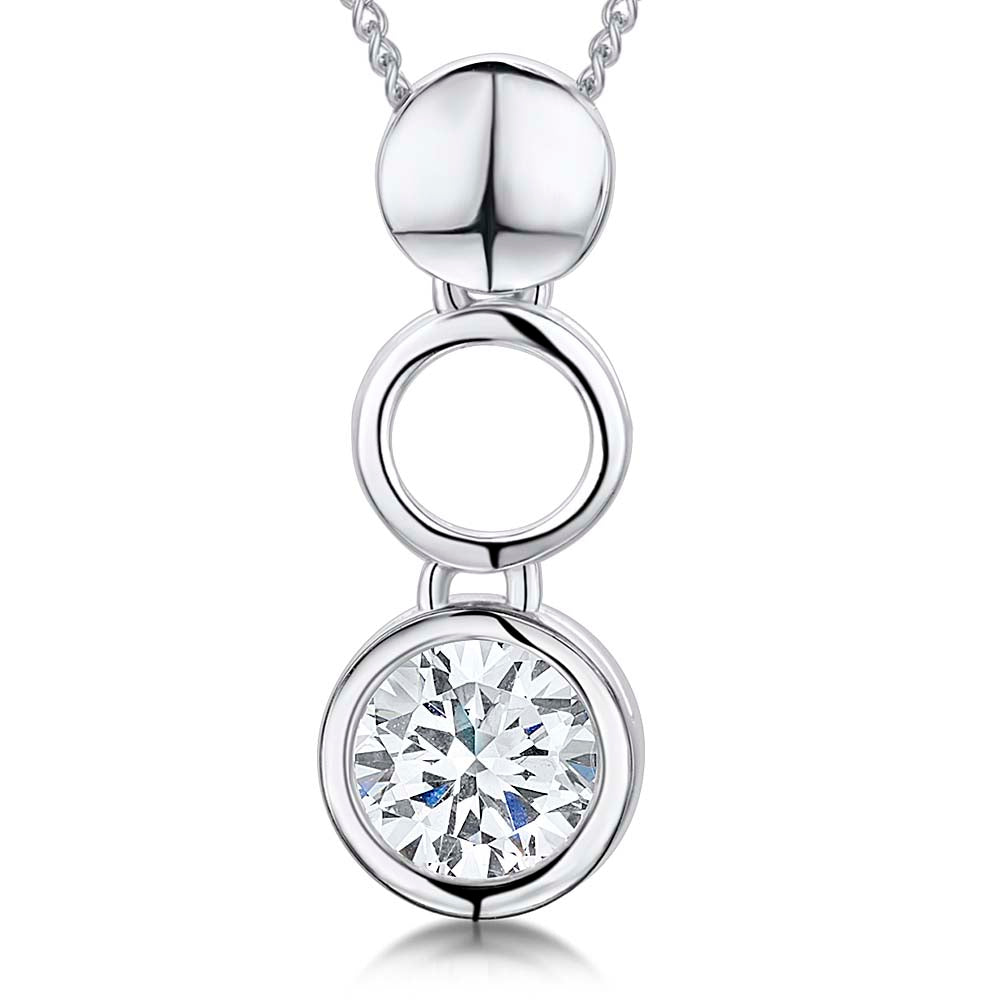 Sterling Silver Solid, Open & Rubover Cubic Zirconia Circle Pendant