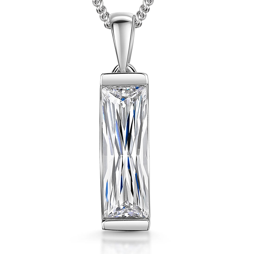 A sterling silver rectangle-shaped cubic zirconia pendant with a sleek top and bottom setting, displayed on an adjustable chain.-JOOLS by Jenny Brown