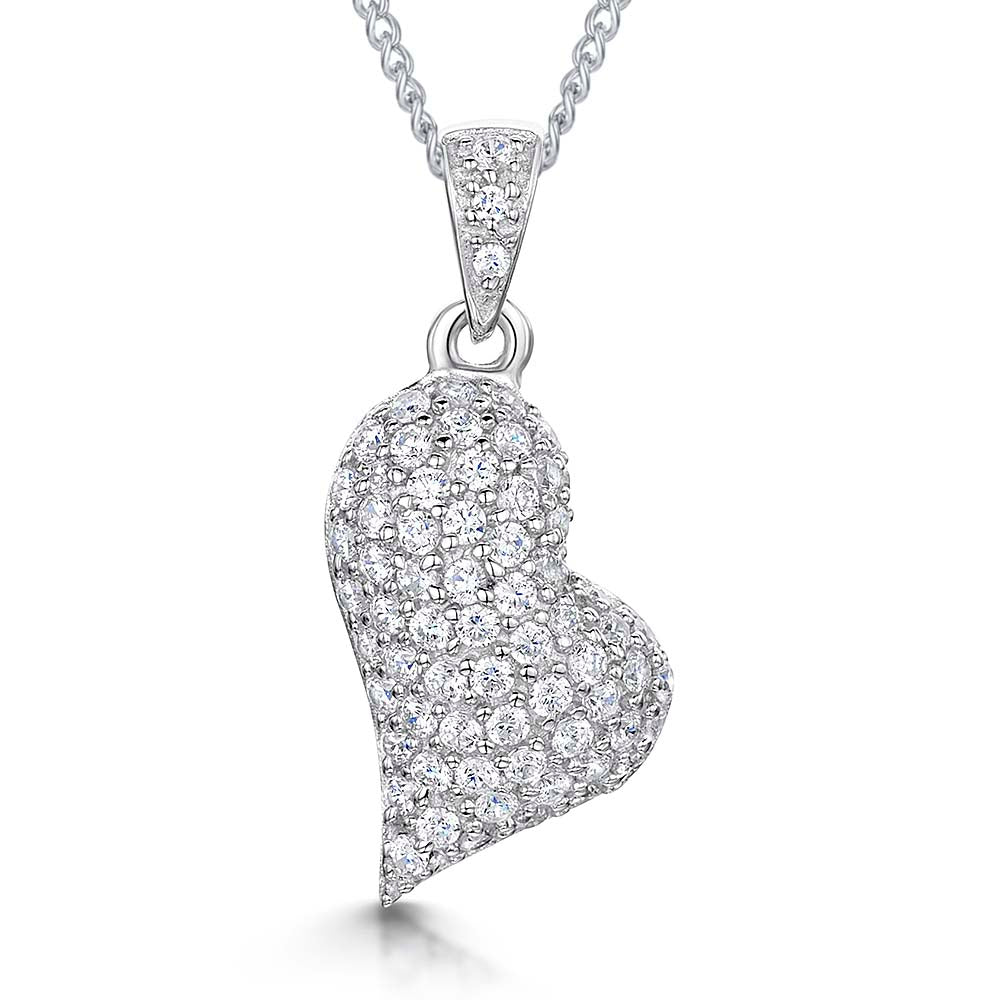 Sterling Silver Offset Heart Pendant Pave Set