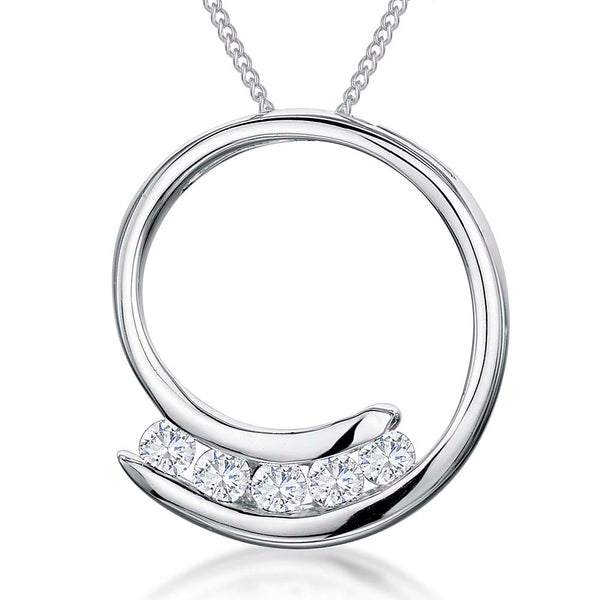 Sterling Silver Circle Pendant With Set Between Five Round Cubic Zirconia Stones