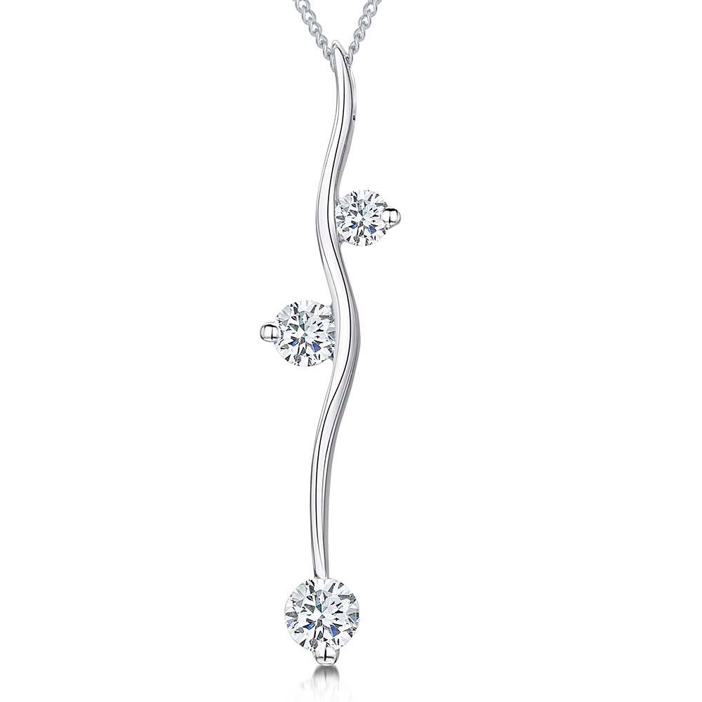 Sterling Silver Wavy Stick Pendant With 3 Cubic Zirconias