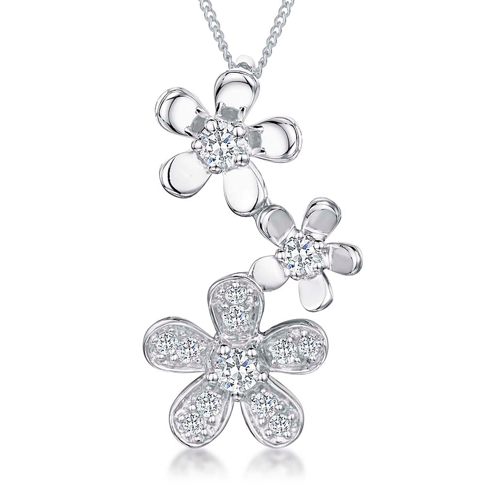 Sterling Silver Three Flower Drop  Cubic Zirconia Pendant - JOOLS By Jenny Brown