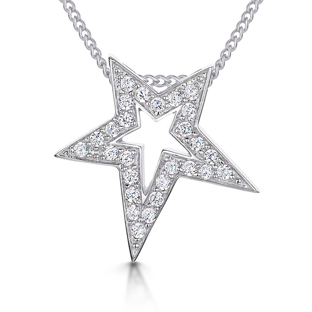 Sterling Silver Offset Open Star Pendant Set With Cubic Zirconias