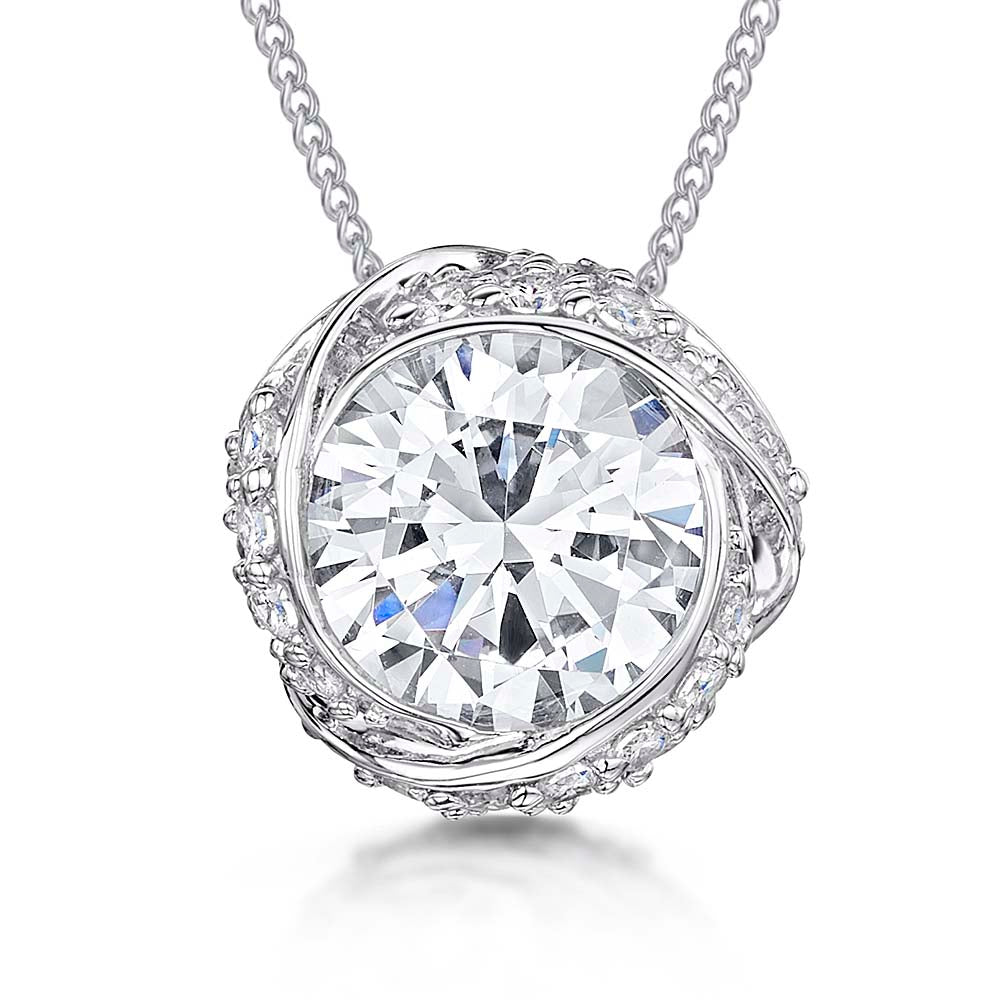 Sterling Silver Solitaire Pendant In A Pave Surround