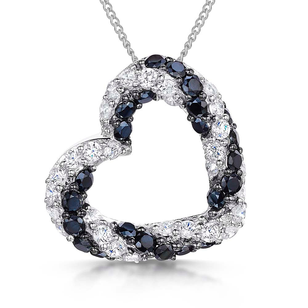 Sterling Silver Pendant Set With Black and White Cubic Zirconia Heart