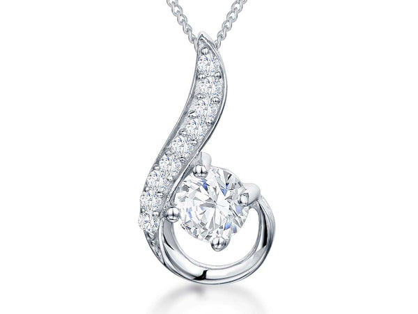 Sterling silver pendant with a central cubic zirconia and intricate detailing, attached to a silver chain.