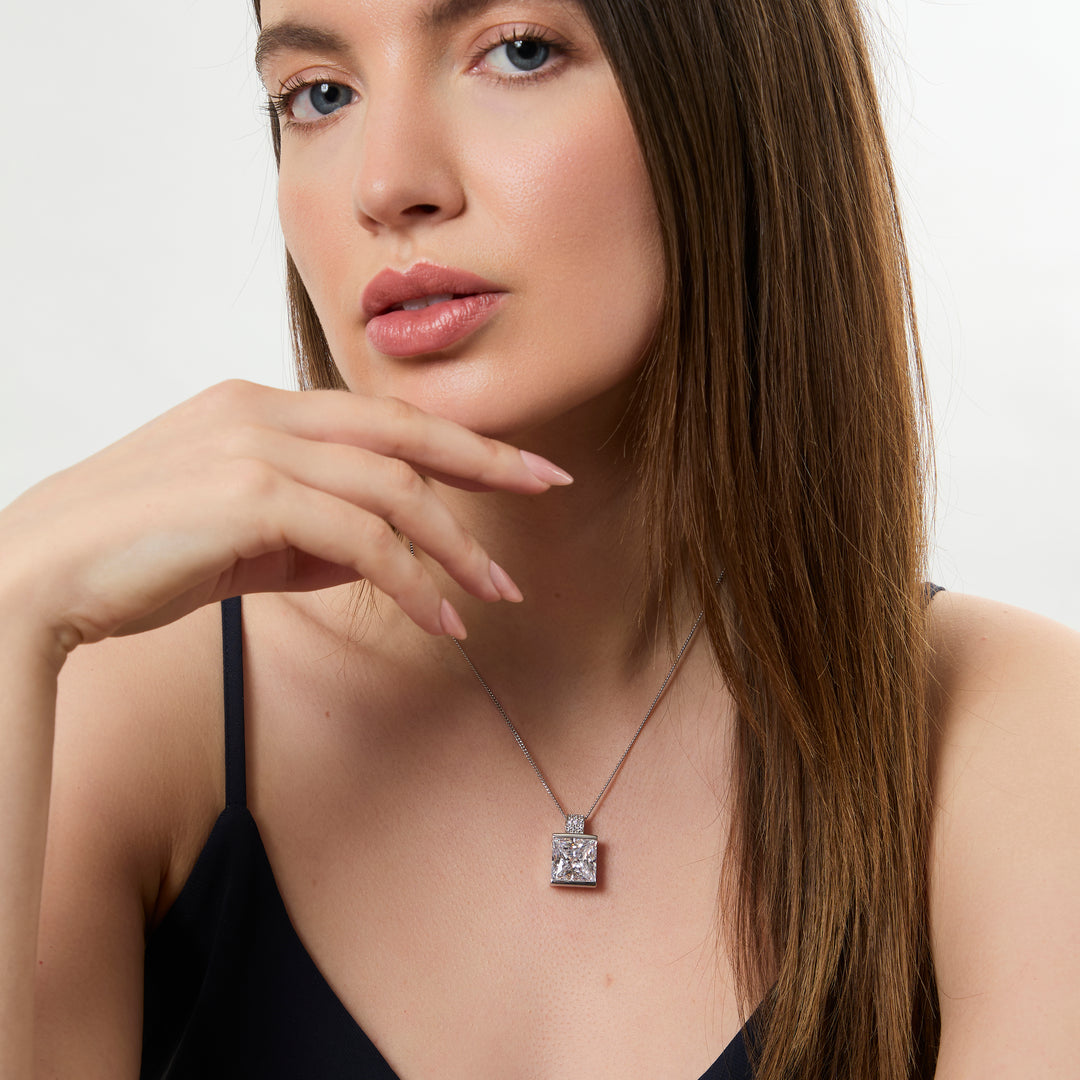 A large square cubic zirconia pendant in a sterling silver setting with a pave set bale-JOOLS by Jenny Brown