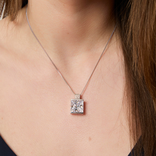 A large square cubic zirconia pendant in a sterling silver setting with a pave set bale-JOOLS by Jenny Brown